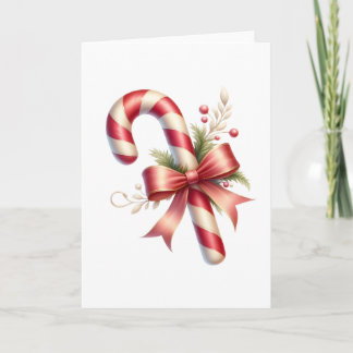 Tarjeta Classic Candy Cane with Red Satin Bow and Greenery