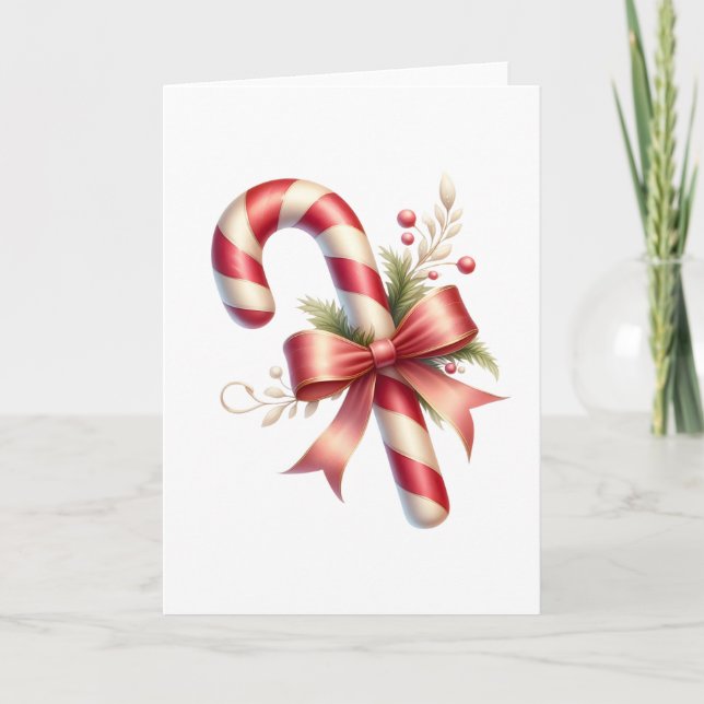 Tarjeta Classic Candy Cane with Red Satin Bow and Greenery (Anverso)