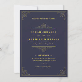 Tarjeta Classic Elegant navy-blue and Gold vintage Wedding