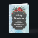 Tarjeta Classmate Rustic Chalkboard Feliz Navidad<br><div class="desc">Feliz Navidad para la tarjeta de compañero de clase con un patrón rústico de pizarra y follaje de invierno con poinsettias.</div>