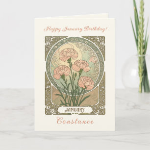 Tarjeta Clavel Flores de Cumpleaños de Enero Arte Nouveau