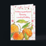 Tarjeta Clementines Fruit Happy Birday Friend Personalizad<br><div class="desc">Una carta de bienvenida de feliz cumpleaños para el personalizado bonito decorada con un trío de clementinas naranjas brillantes pintadas con tinta y acuarela sobre un fondo salpicado de color rojo. ¡Una carta alegre al personalizar con nombre y mensaje para una persona especial en su vida!</div>