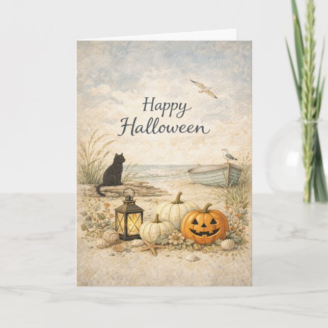 Tarjeta Coastal Black Cat Rowboat Halloween (Anverso)