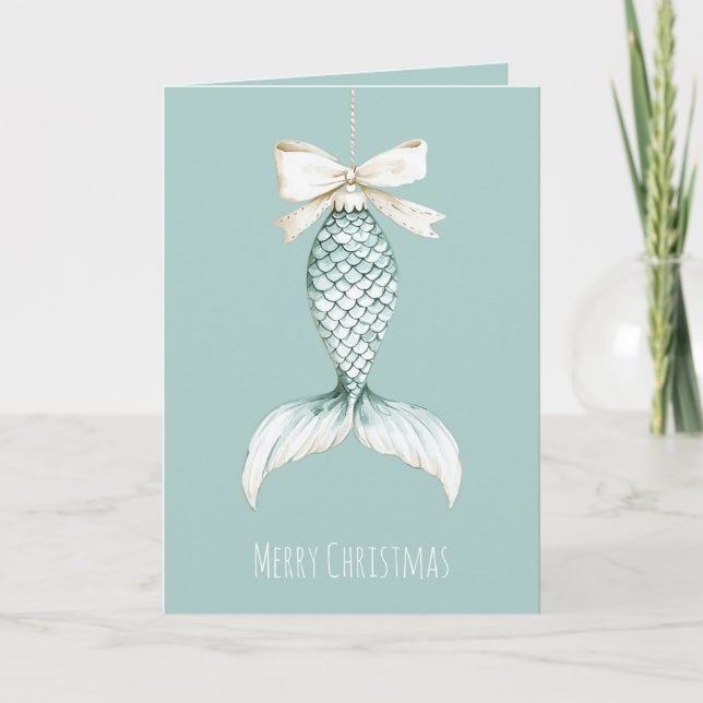 Tarjeta Coastal Christmas Mermaid Bow Blue Beach Ocean   (Anverso)
