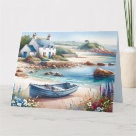 Tarjeta Coastal Cottage Seaside Rowboat Bloom