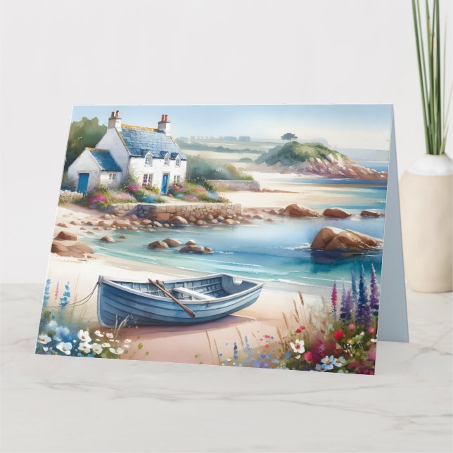 Tarjeta Coastal Cottage Seaside Rowboat Bloom (Anverso)