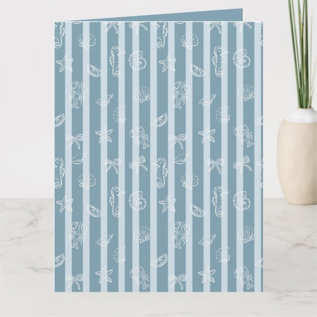 Tarjeta Coastal Nautical Pattern | Blue Sea Shell & Seahor (Anverso)