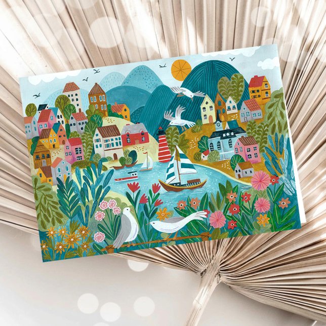 Tarjeta Coastal Village Harbor Scenic Illustration  (Coastal Village Harbor Scenic Illustration Card)