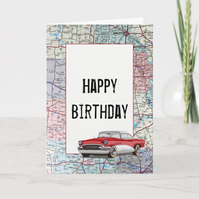 Tarjeta Coche Antiguo en Mapa de Carretera Cumpleaños (Anverso)