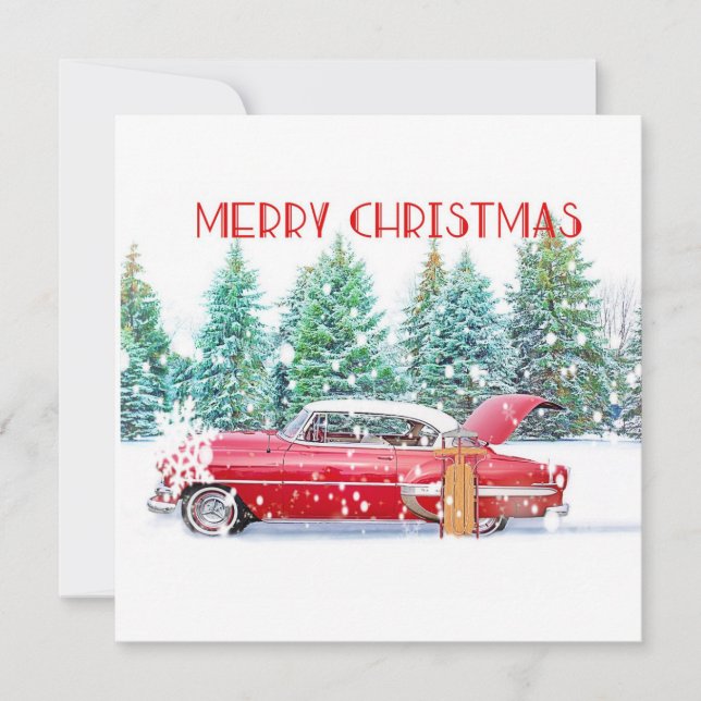 Tarjeta Coche Antiguo Rojo en Nieve (Anverso)