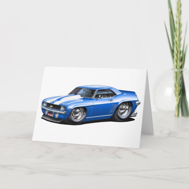 Tarjeta Coche Camaro SS azul-blanco de 1969 (Anverso)