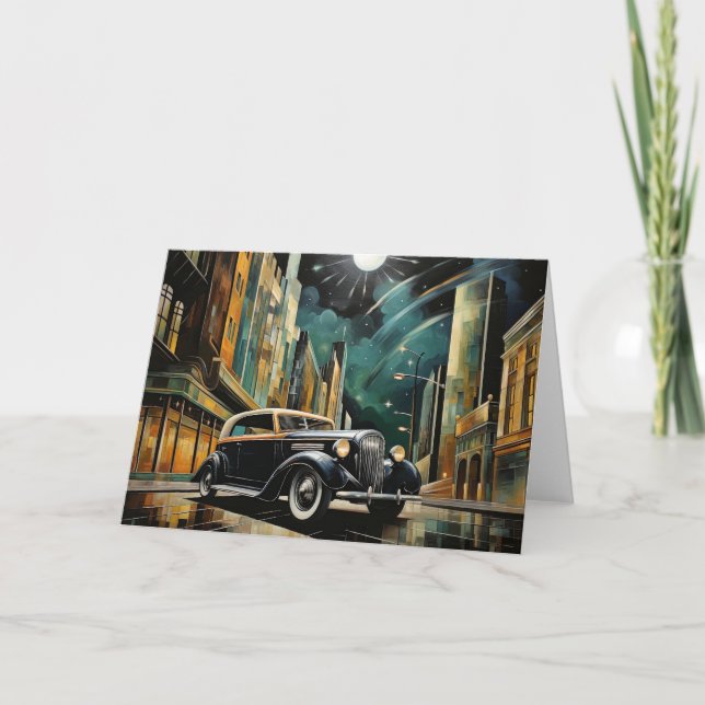 Tarjeta Coche clásico inspirado en Art Déco bajo la luz de (Anverso)