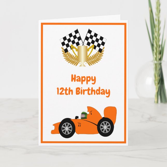 Tarjeta Coche de Carreras naranja personalizado 12º cumple (Anverso)