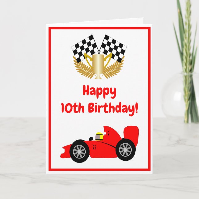 Tarjeta Coche de Carreras roja personalizado 10 cumpleaños (Anverso)