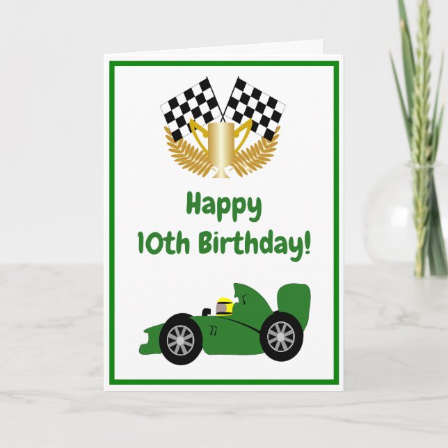 Tarjeta Coche de Carreras verde personalizado 10 cumpleaño (Anverso)