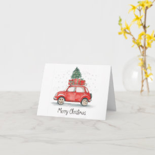 Tarjeta Coche de Navidad rojo con regalos, árbol en la par