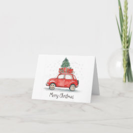 Tarjeta Coche de Navidad rojo con regalos, árbol encima