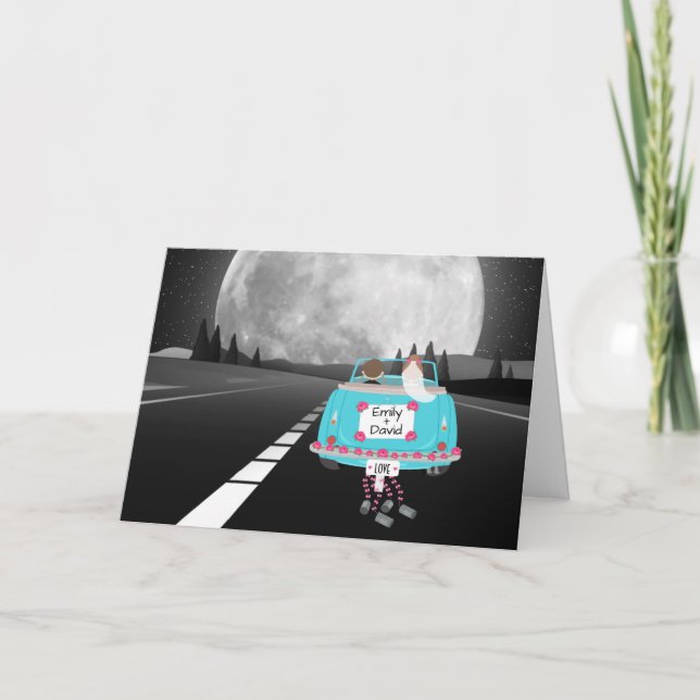 Tarjeta Coche de novia y de Groom con luna llena (Anverso)