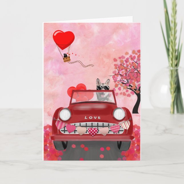 Tarjeta Coche Husky Siberiano con corazones de San Valentí (Anverso)