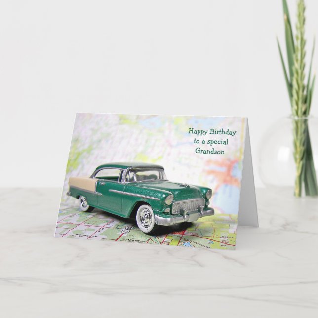 Tarjeta Coche retro para el cumpleaños de su nieto (Anverso)