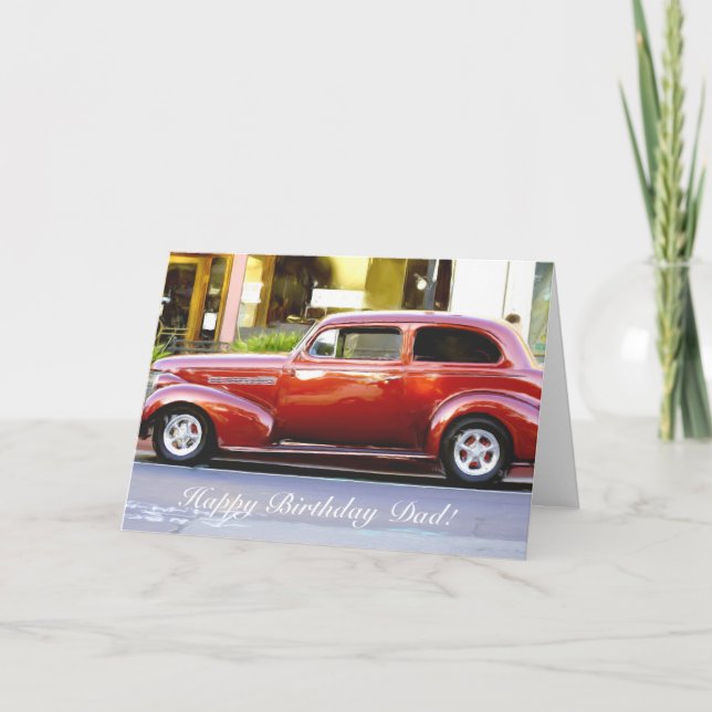 Tarjeta Coche rojo clásico del papá del feliz cumpleaños (Anverso)