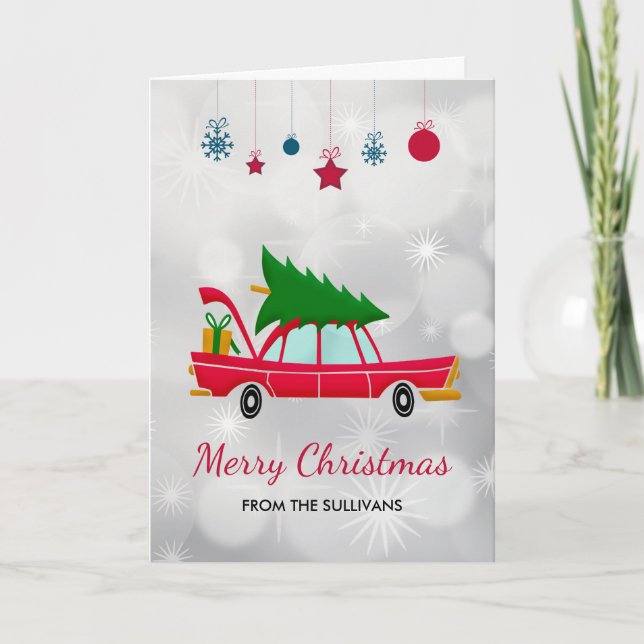 Tarjeta Coche rojo retro que lleva un árbol de Navidad (Anverso)