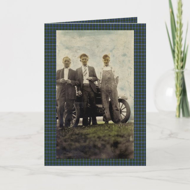 Tarjeta Coche y hombres antiguos de los años 20 (Anverso)