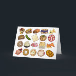 Tarjeta Cocina Judía Comida de Fiesta de Vacaciones para I<br><div class="desc">El diseño presenta una ilustración original de una variedad de alimentos populares en la cocina judía, incluyendo: babka, bagel con queso crema y salmón, rugelach, blintzes de arándanos, hamantash, sándwich reuben, pepino kosher en vinagre, matzá, knish de espinacas, shakshuka, bagel "everything", macaroon de coco, ensalada israelí, kugel, bourekas, brisket de...</div>