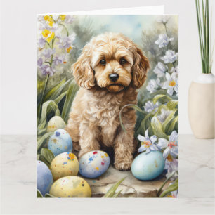 Tarjeta Cockapoo con festividad de huevos de Pascua