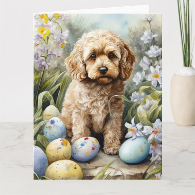 Tarjeta Cockapoo con festividad de huevos de Pascua (Anverso)