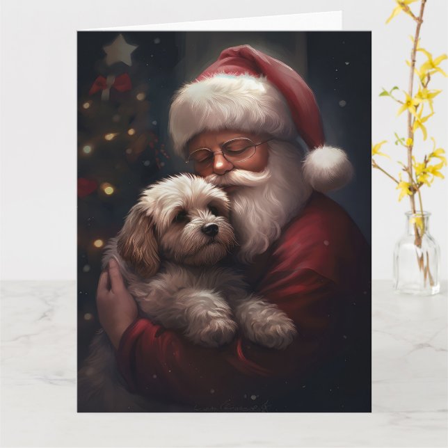 Tarjeta Cockapoo con Navidades festivos de Santa Claus (flor amarilla)