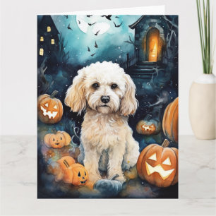Tarjeta Cockapoo de Halloween con calabazas Espeluznante