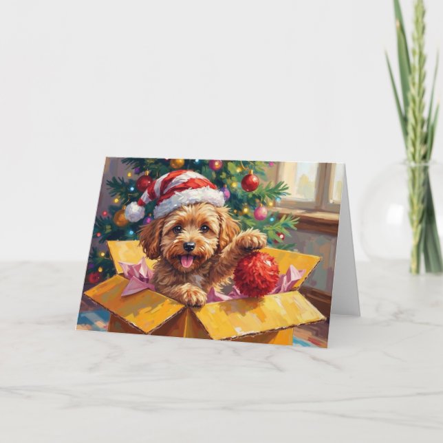 Tarjeta Cockapoo Dog Christmas Gift Box Surprise (Anverso)