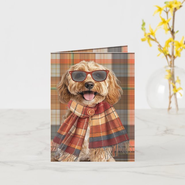 Tarjeta Cockapoo Perro Plaid Otoño Monogramado (flor amarilla)