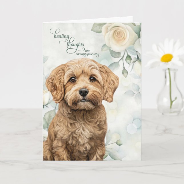 Tarjeta Cockapoo Perro Rosas Blancas y Verde Salvia Mejora (Planta pequeña)