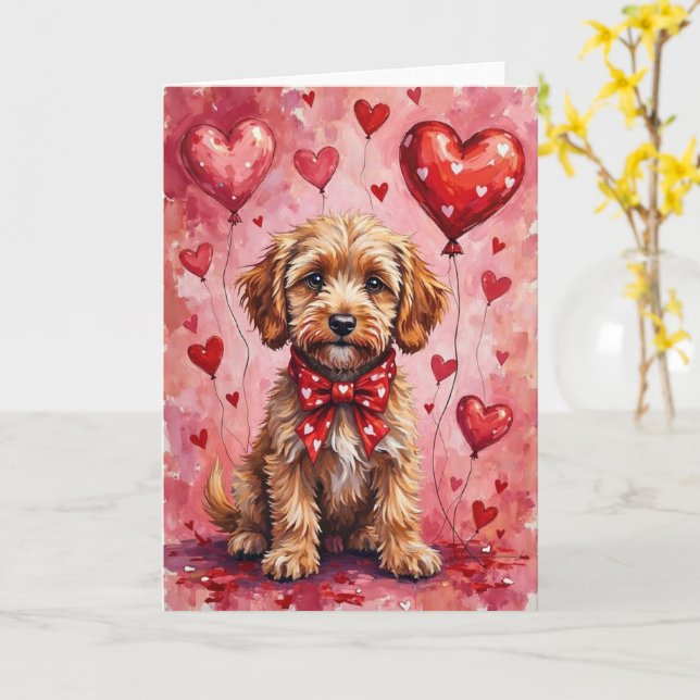 Tarjeta Cockapoo San Valentín Perro Sentado con Corazones  (flor amarilla)