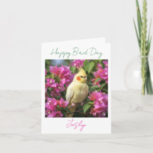 Tarjeta Cockatiel Lutino en Flores Purpura Cumpleaños Pers