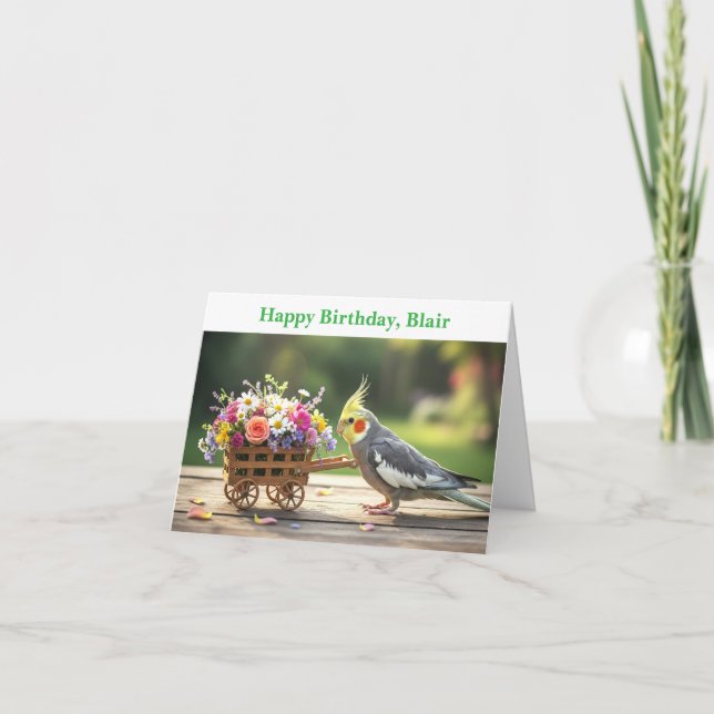Tarjeta Cockatiel with Flowers Custom name & text birthday (Anverso)