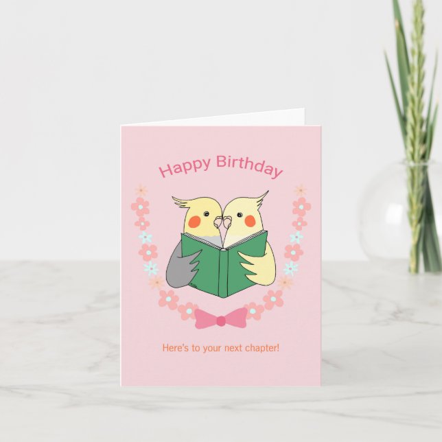 Tarjeta Cockatiels leyendo un libro de cumpleaños de Cute  (Anverso)