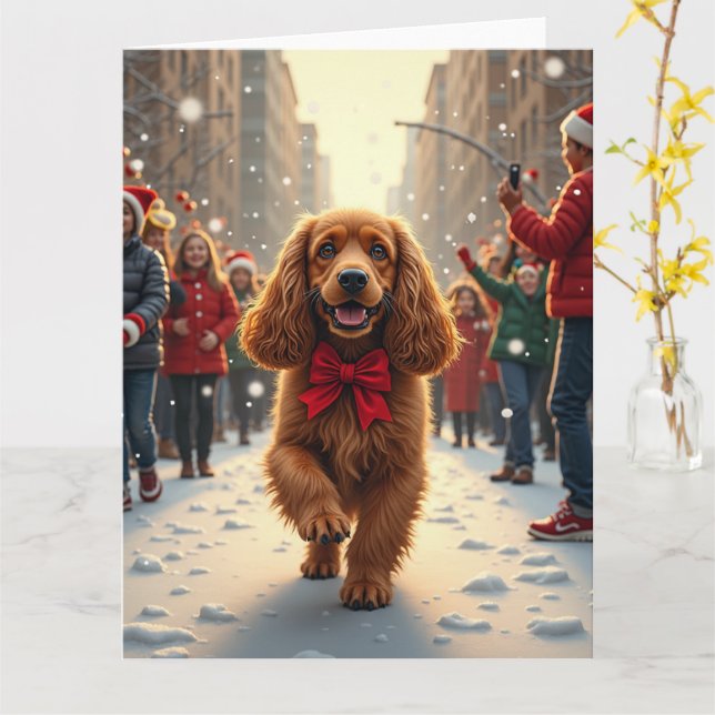 Tarjeta Cocker Spaniel Christmas Parade Holiday Painting (flor amarilla)