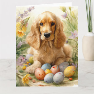 Tarjeta Cocker Spaniel con festividad de huevos de Pascua