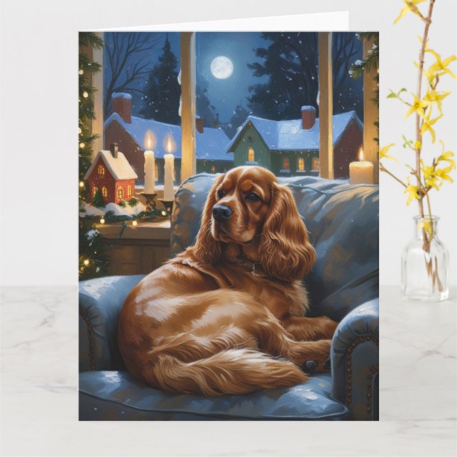 Tarjeta Cocker Spaniel con Navidades Luces feriado (flor amarilla)