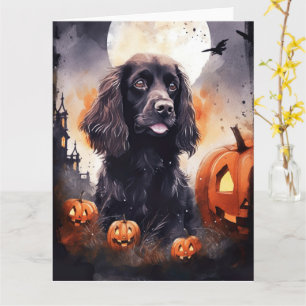 Tarjeta Cocker Spaniel de Halloween con calabazas