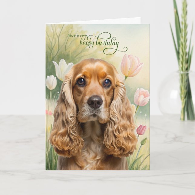 Tarjeta Cocker Spaniel Dog in a Tulip Garden Birthday (Anverso)