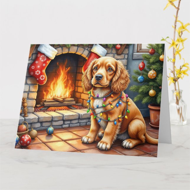 Tarjeta Cocker Spaniel junto a la chimenea con luces de Na (flor amarilla)
