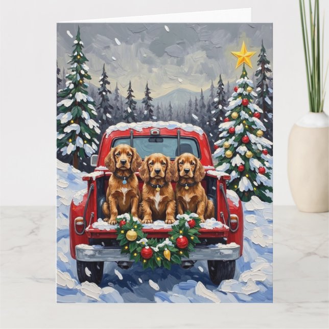 Tarjeta Cocker Spaniel Navidad Camión Rojo Fiesta (Anverso)