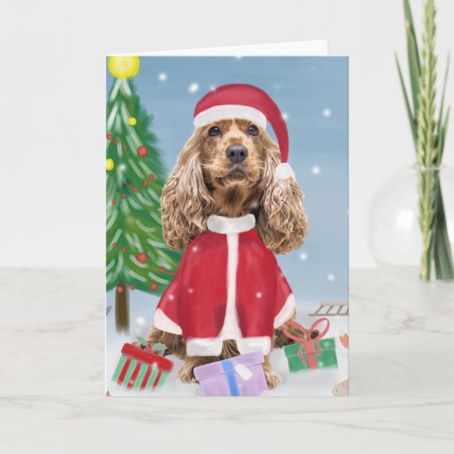 Tarjeta Cocker Spaniel Perro en la Nieve con Regalos de Na (Anverso)