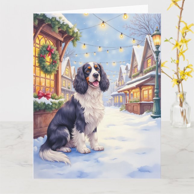 Tarjeta Cocker Spaniel Snowy Village Christmas Art (flor amarilla)