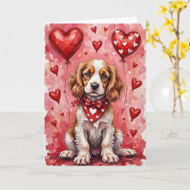 Tarjeta Cocker Spaniel Valentine’s Day Dog with Hearts Red (flor amarilla)