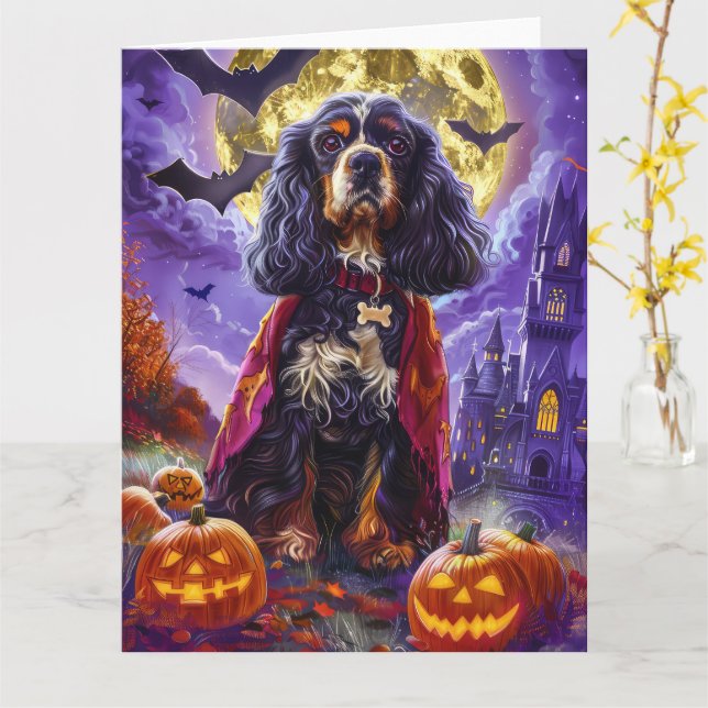 Tarjeta Cocker Spaniel vampiro de Halloween calabazas ater (flor amarilla)